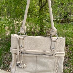 Brighton Cream Leather Tote Bag with Tassel Accent